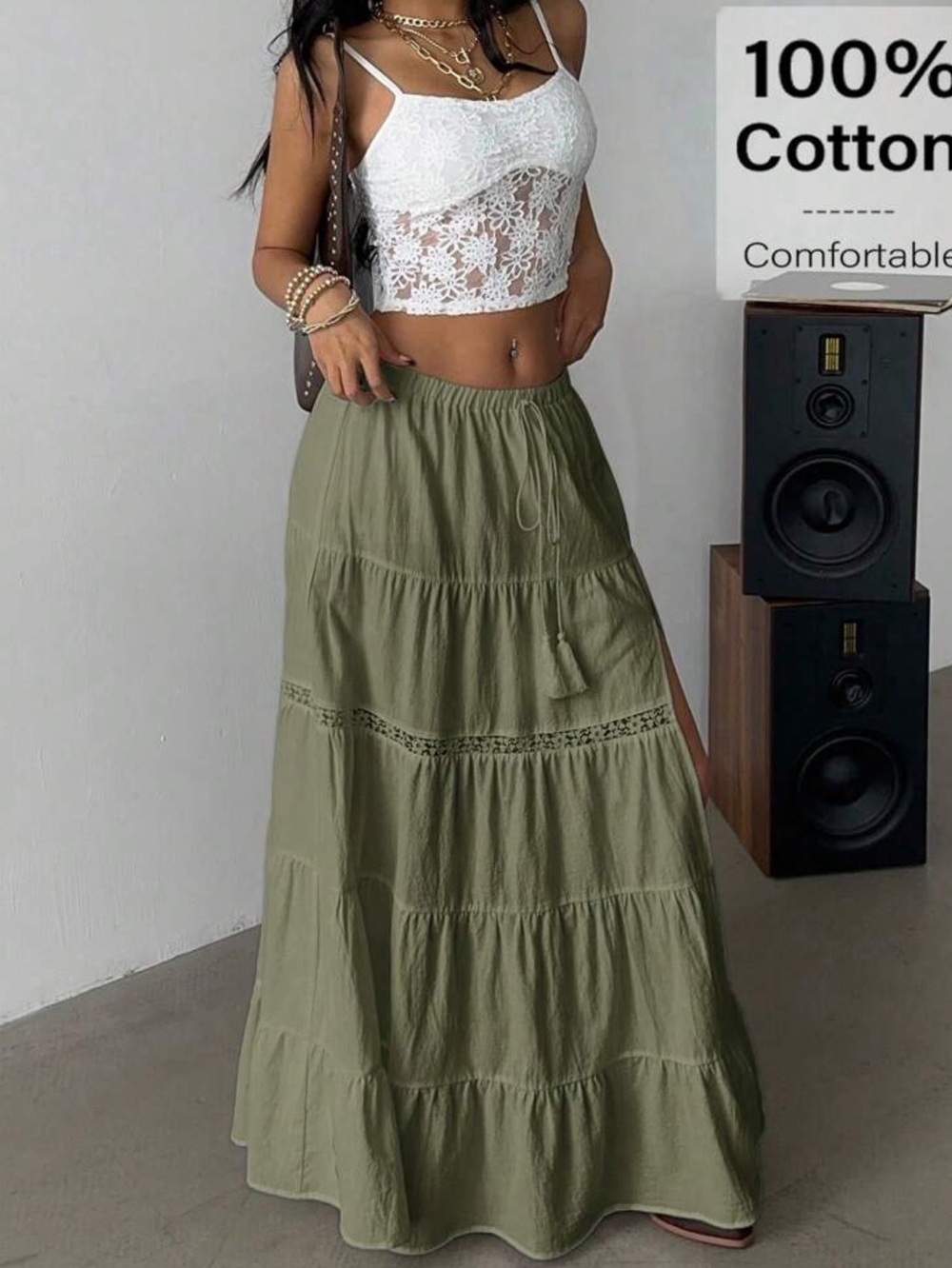 Tiered Green Maxi Skirt with Side Slit - Picture 2 of 5